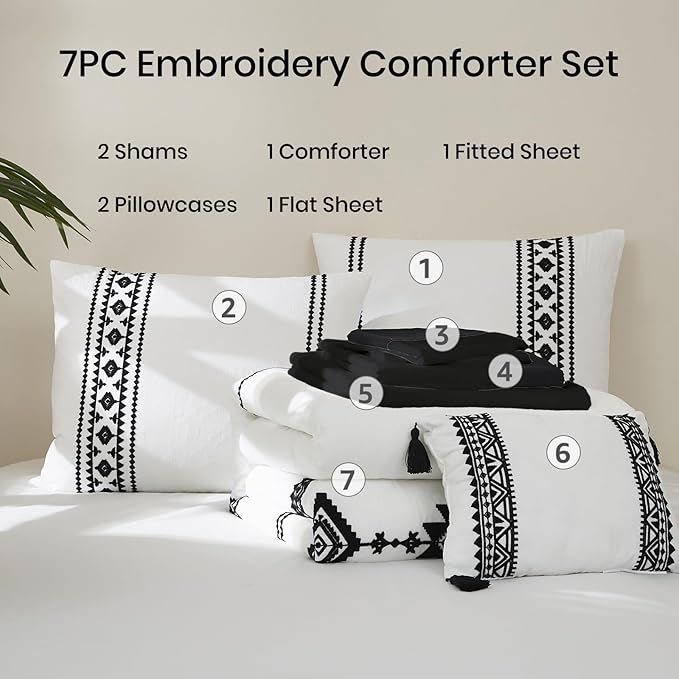 MaiRêve Embroidery Comforter Set Queen Size - 7 Piece, White Boho Western Bedding All Season Bed in A Bag, Farmhouse Queen Comforter Set with Sheets, Pillowcases & Shams