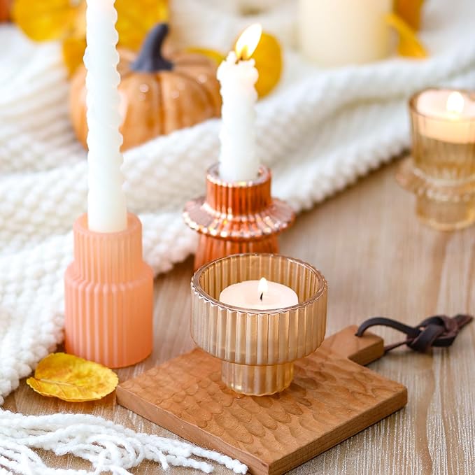 Pink Candlestick Holders 6PCS for Tealight Candle Stick Candles, Ribbed Glass Taper Candle Holders Set, Table Centerpieces for Weddings Christmas Home Decor Indoor and Outdoor