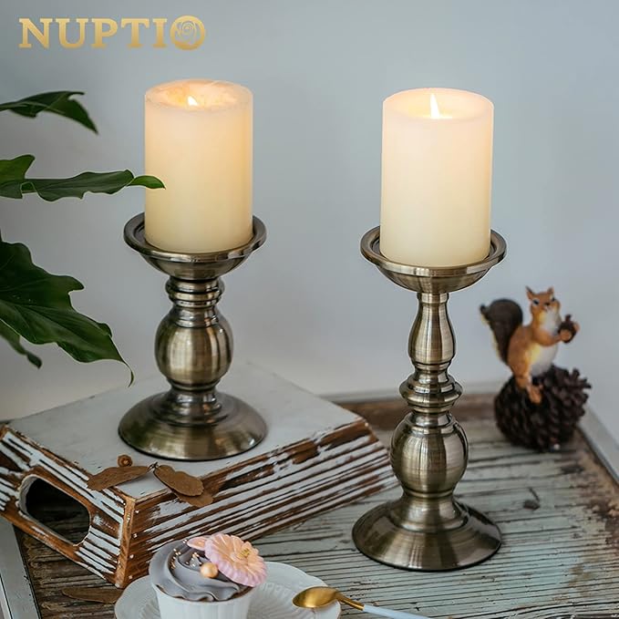Bronze 2 Pcs Iron Pillar Candle Holders, Most Ideal for 3" Pillar Candles, Gifts for Wedding, Party, Home, Spa, Reiki, Votive Candle (S + L)