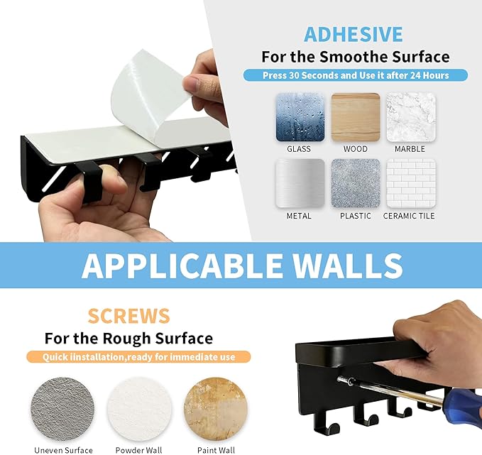 GTK Key Holder for Wall Key Hooks with Tray and 6 Hooks, Wall Mounted Key Holder for Hallway, Key Rack with Shelf for Mail Storage (Black)