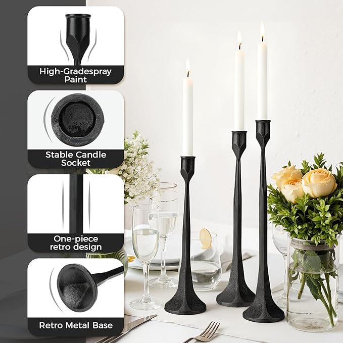 Black Taper Candle Holder 3-Pack - Iron Taper Candle Stick Holders for Table Decor, Wedding, Party - Fits 3/4 Inch Candles