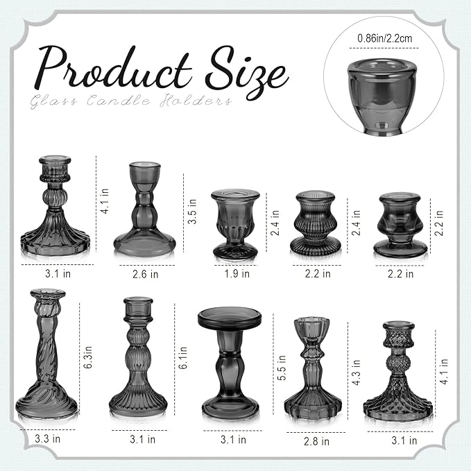 Mumufy 10 Pcs Glass Crystal Taper Candle Holders Clear Glass Candlestick Holder Fit 0.8 Inch Candles Crystal Decorative Candle Stand Centerpiece Table Wedding Dining Party (Classic,Black)