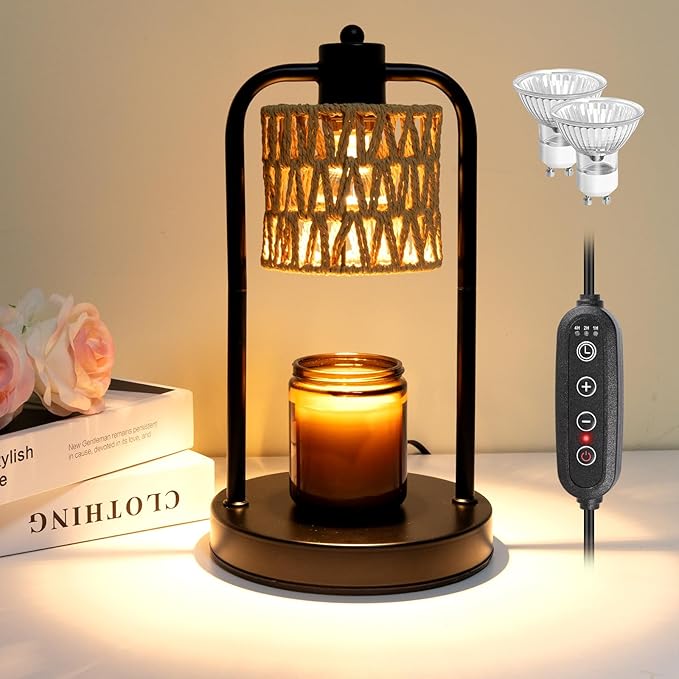 Candle Warmer Lamp Wax Light: Electric Melt Warming Lamps for Yankee Candles with Timer Dimmable for Birthday Christmas Gift, Room, New House, Bedroom, Vintage Home Decor (Black + Brown Hemp Rope)