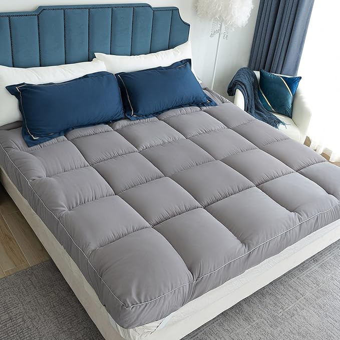Marine Moon King Mattress Topper Cooling Extra Thick Plush Pillow Top Mattress Pad Hotel Quality Down Alternative for King Size Bed, Soft Bed Toppers for Back Pain, Grey