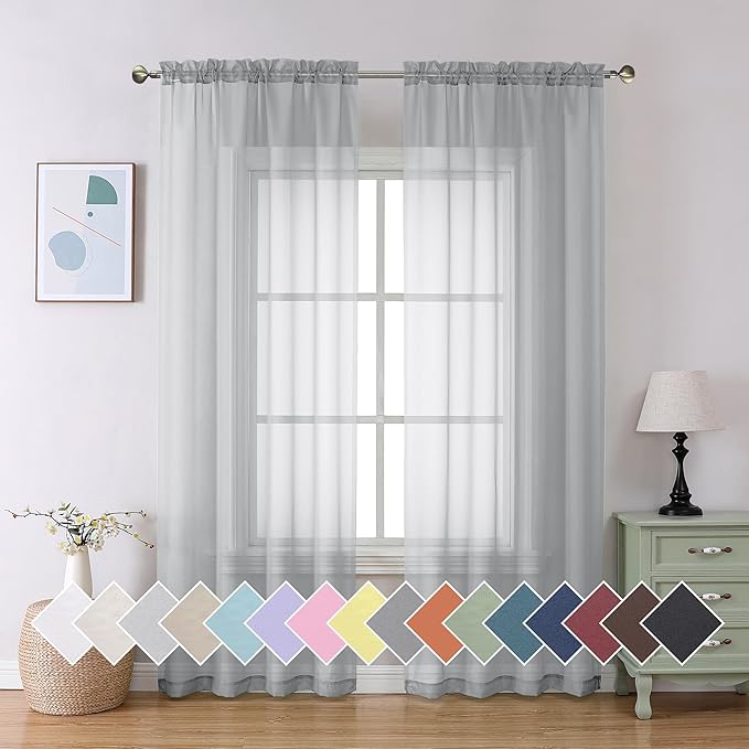 Aiyufeng Light Grey Sheer Window Curtains 84 Inches Long 2 PCS- Rod Pocket Living Room Curtain Panels Voile Textured Soft and Lightweight Window Treatments for Bedroom Decor, 40W x 84L Inches