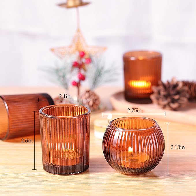 Amber Votive Candle Holders Set of 10, Round Amber Candle Holders Bulk for Tea Light Candle, Fall Centerpieces for Tables, Ribbed Candle Votives for Wedding, Various Parties & Vintage Decor & Gift