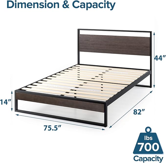 ZINUS Suzanne 44 Inch Bamboo and Metal Platform Bed Frame, Solid Steel Construction, No Box Spring Needed, Wood Slat Support, Easy Assembly, Grey Wash, King