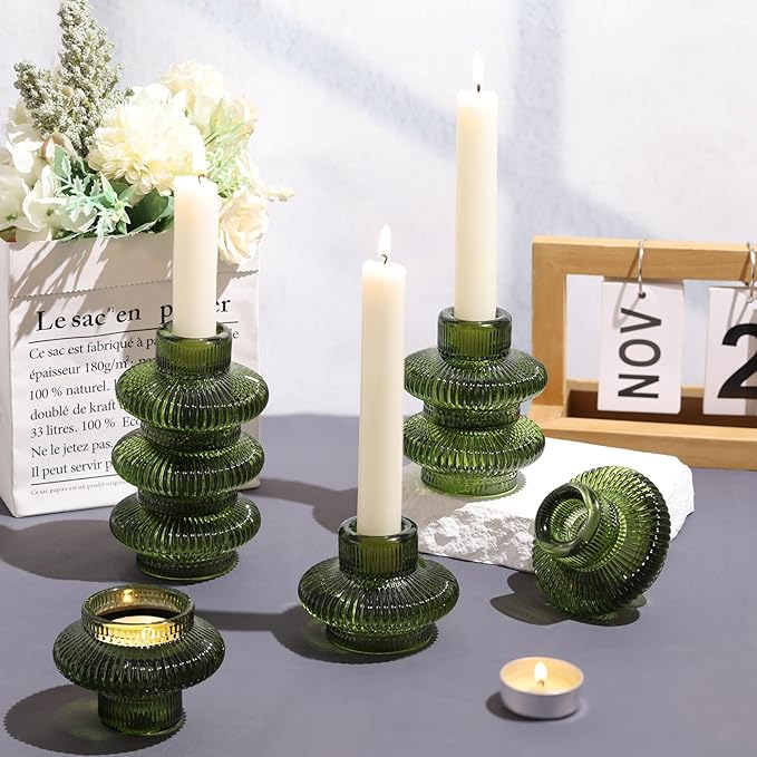 Green Taper Candle Holders Set of 10 for Taper Candles/Tea Lights, Ribbed Glass Candlestick Holders for Boho Wedding Table, Vintage Candle Sticks Holder Decor Home Decor