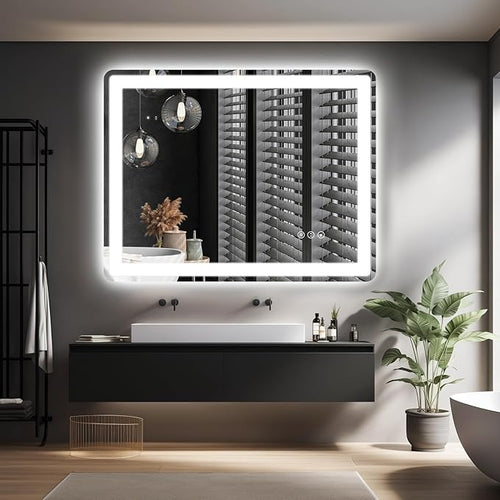 24x36 LED Bathroom Mirror with Lights, Rounded Rectangle Mirror with Double Lights, Backlit + Front Lit, Anti-Fog LED Mirror for Bathroom, Dimmable Lighted Bathroom Mirror(Horizontal/Vertical)