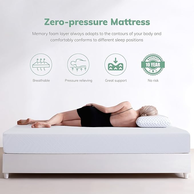 EGO White 8 Inch Queen Memory Foam Mattress, Gel Green Tea Mattress Bed in a Box, CertiPUR-US Certified, Double Mattress, 60"x80", Medium Firm