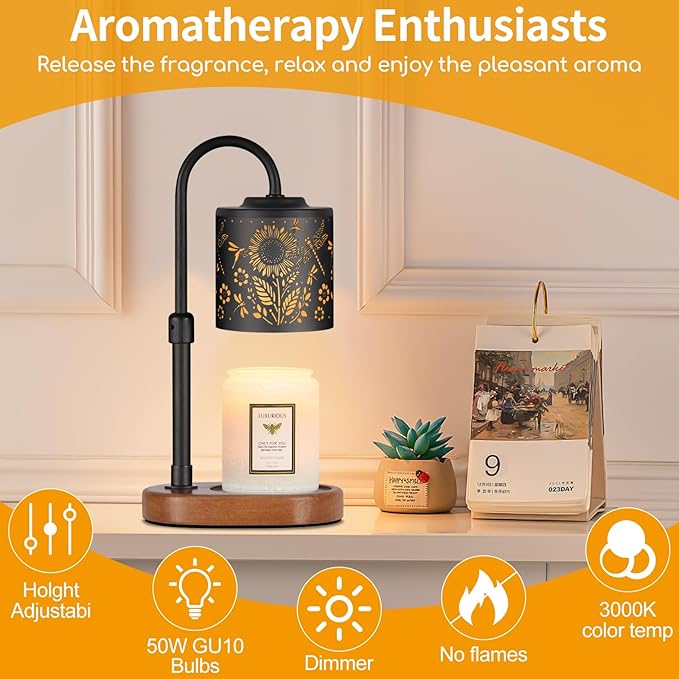 Dimmable Candle Warmer Lamp with Timer Adjustable Height for Scented Jar Candles Electric Candle Wax Melt Warmer for Home Decor Christmas Birthday Gifts for Women Mom(Sunflower+Dragonfly)