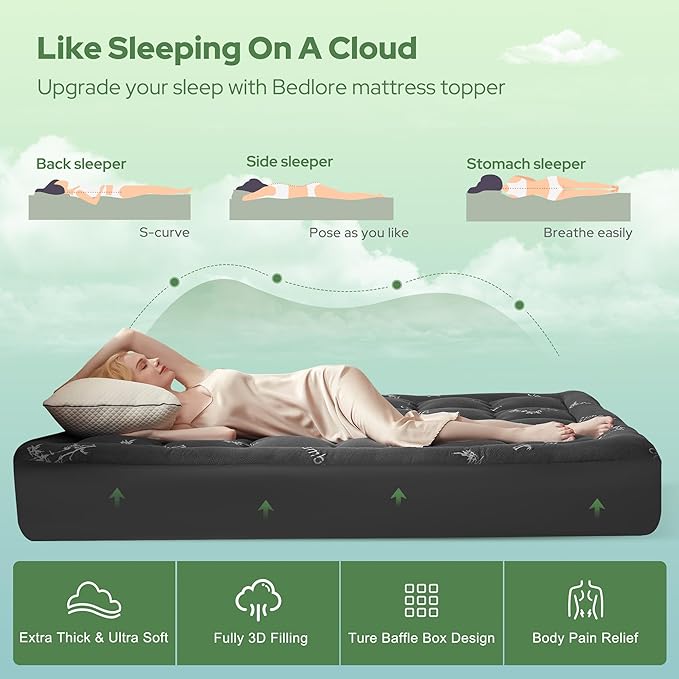BEDLORE Twin XL Mattress Topper Viscose Derived from Bamboo, Thick Pillow Top Mattress Pad with Deep Pockets for 6-15 inches Mattress, Soft Mattress Topper College Dorm Size for Back Pain(Dark Gray)