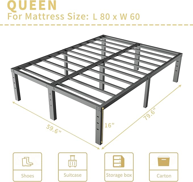 ALDRICH Metal Bed Frame Queen Size - 16 Inch Tall Black Basic Steel Slats Platform, Easy Assembly Heavy Duty Noise Free Bedframes, No Box Spring Needed