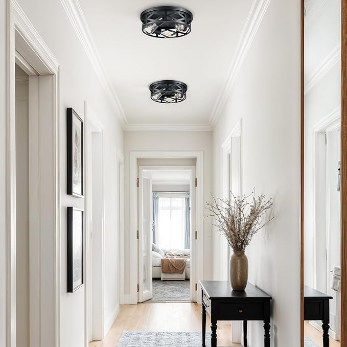 VONLUCE Flush Mount Ceiling Lights, 3-Light Hallway Ceiling Lighting Fixtures, 13 inch Farmhouse Metal Cage Ceiling Lights for Entryway Kitchen, Adjustable Lamp Holders, 2 pcs, Black