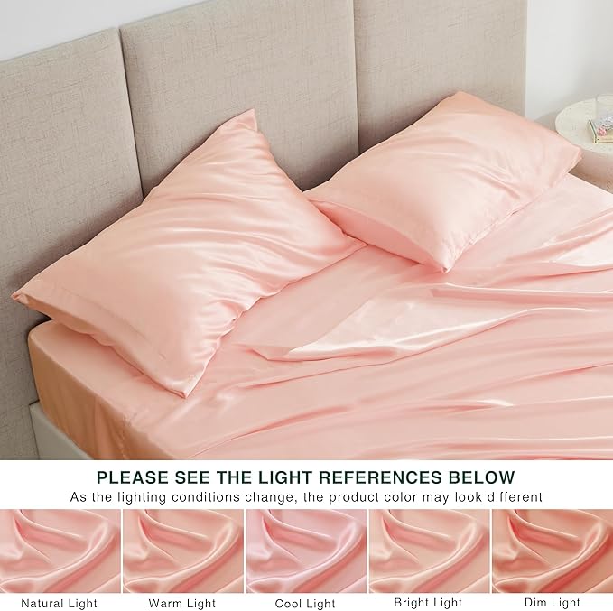 Love's cabin Satin King Sheet Sets - 4 Piece Coral Silky Sheets King Size Bed Set with Deep Pocket, Luxury Silk Feel King Size Satin Sheet Set (1 Flat Sheet,1 Fitted Sheet,2 Pillow Cases)