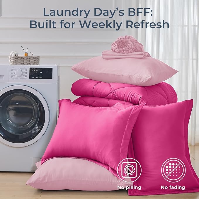 HEVUMYI Hot Pink & Baby Pink Full Comforter Set - 7-Piece All Season Bed in a Bag Full, Ultra Soft Bedding Set with Comforter, Flat Sheet, Fitted Sheet, Pillowcases, Pillow Shams