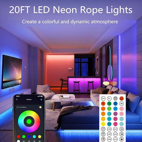 20Ft Neon Rope Lights,Flexible Led Rope Lights Control with App/Remote,Multiple Modes Rope Lights,IP67 Outdoor Waterproof,Music Sync Light Strip for Bedroom