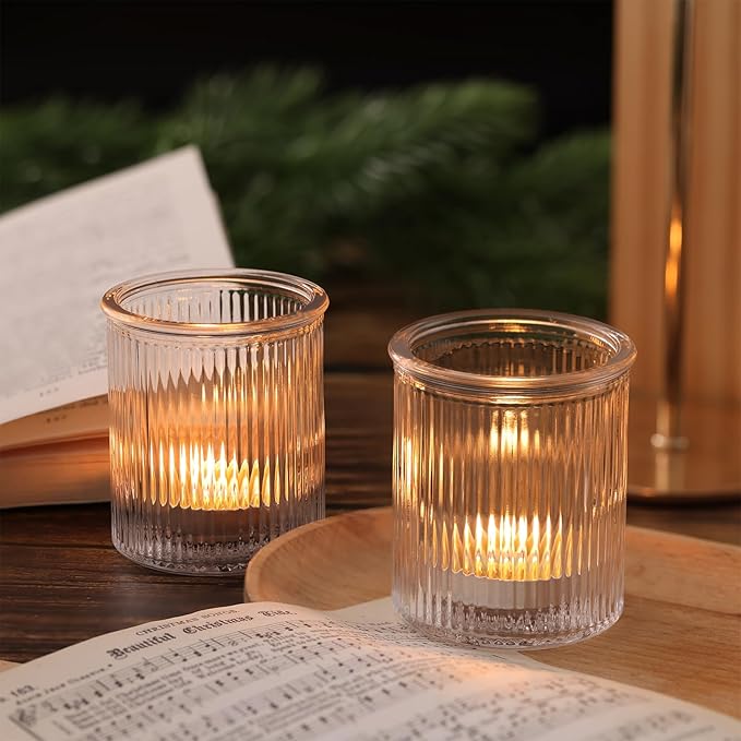 8Pcs Ribbed Votive Candle Holders, Tea Light Candle Holder Glass, Clear Candle Holders for Wedding Table Decor, Home and Holiday Decor