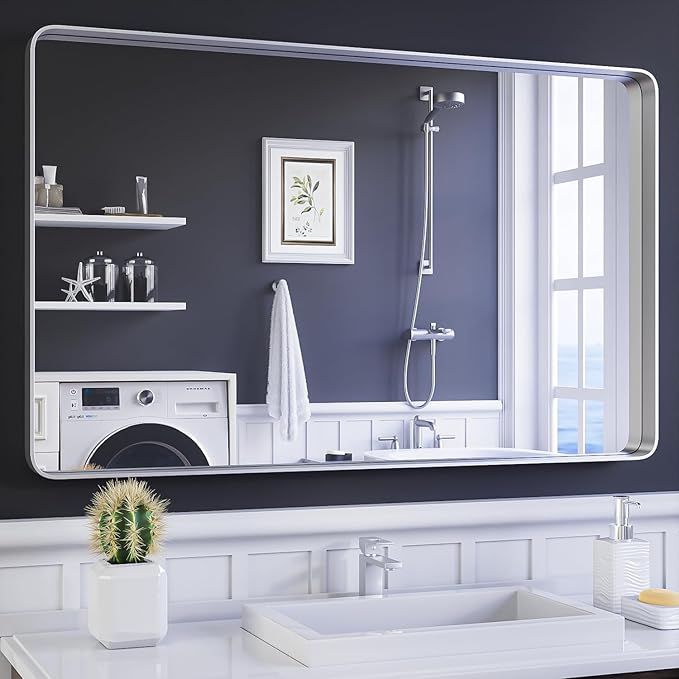 ISKM Silver Framed Mirror for Wal Bathroom Mirror for Wall 48" x 30" Matte Framed Vanity Mirror Anti-Rust, Tempered Glass, Rounded Rectangle Mirror(Horizontal/Vertical)