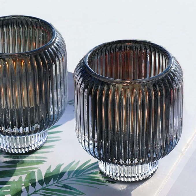 Woho Grey Ribbed Votive Candle Holders Set of 4, Vintage Tea Lights Candle Holder for Daily Home Decor, Glass Tealight Candle Holder for Halloween/Thanksgiving Decor(Grey, 3.5'' Tall 3.1'' Diameter)