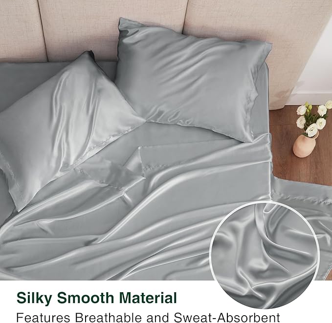 Love's cabin Full Size Satin Sheet Sets - 4 Piece Silver Silky Sheet Set with Deep Pocket, Luxury Silk Feel Satin Sheets Full Bedding Set (1 Flat Sheet,1 Fitted Sheet,2 Pillow Cases)
