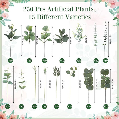 250 Pcs Artificial Eucalyptus Leaves Stem Bulk Fake Greenery Faux UV Resistant Sprays Silver Dollar Eucalyptus for DIY Wedding Bouquet Vase Floral Arrangement Decor (Green,15 Kinds)