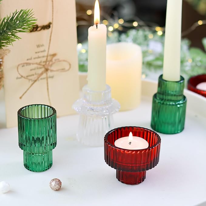 Christmas Candle Stick Holder Set Red Green Glass Taper Candle Holders for Tealight Candlestick Candle ChristmasTable Centerpieces Holiday Decor12PCS