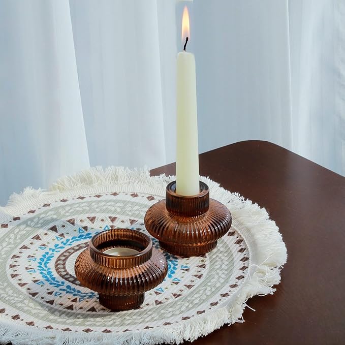 VOHO 12pcs Brownish Amber Candle Holders for Fall Decor, Vintage Ribbed Candlestick Holders Centerpiece Table Decorations, Heavy Glass Taper Candle Holders for Candlesticks/Votive Candles