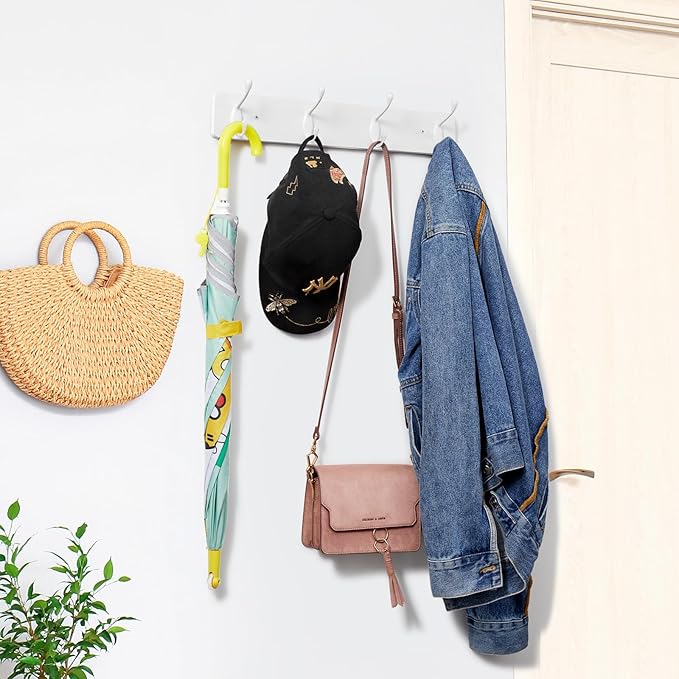 Heavy Duty Coat Rack Wall Mount - White Coat Hooks Wall Mounted for Sunglasses Jackets Hats Purse Dog Leashes Towels - Coat Hanger for Entryway Closet Mudroom Laundry Room Bathroom