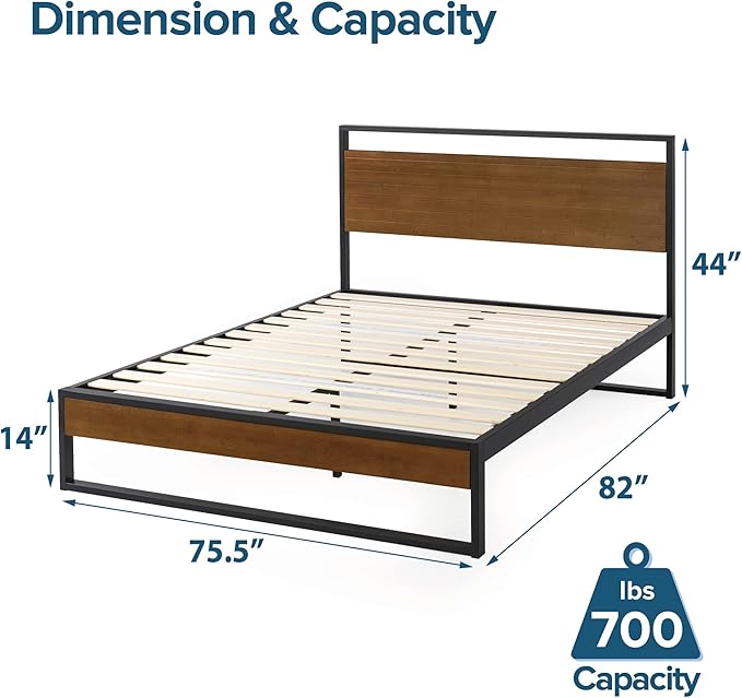 ZINUS Suzanne 44 Inch Bamboo and Metal Platform Bed Frame, Solid Steel Construction, No Box Spring Needed, Wood Slat Support, Easy Assembly, Chestnut Brown, King