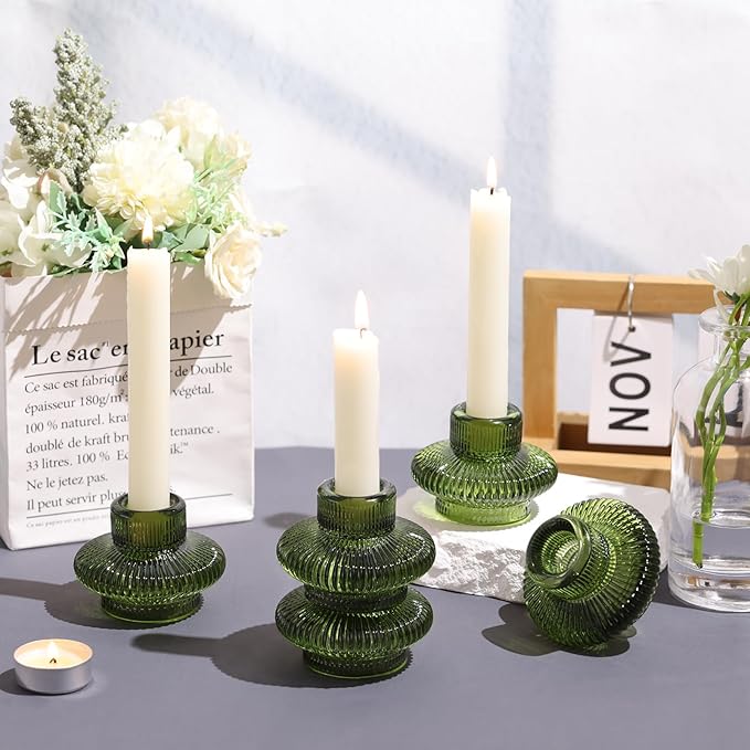 Green Taper Glass Candlestick Holders Tealight Candle Holders for Table Centerpieces, Wedding Decor and Dinner Party (8 Pcs, Green)