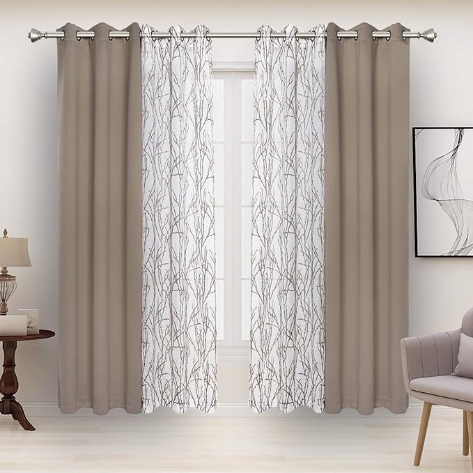 BONZER Mix and Match Curtains - 2 Pieces Branch Print Sheer Curtains and 2 Pieces Blackout Curtains for Bedroom Living Room Grommet Window Drapes, 37x95 Inch/Panel, Taupe, Set of 4 Panels