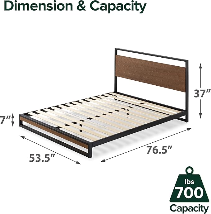 ZINUS Suzanne Bamboo and Metal Platform Bed Frame, 7-Inch Low Profile, Solid Steel Construction, No Box Spring Needed, Wood Slat Support, Easy Assembly, Chestnut Brown, Full