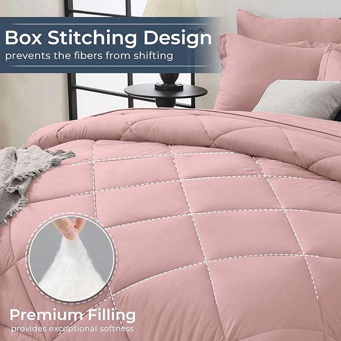 HEVUMYI Rose Gold Queen Comforter Set - 7-Piece All Season Bed in a Bag Queen, Ultra Soft Bedding Set with Comforter, Flat Sheet, Fitted Sheet, Pillowcases, Pillow Shams
