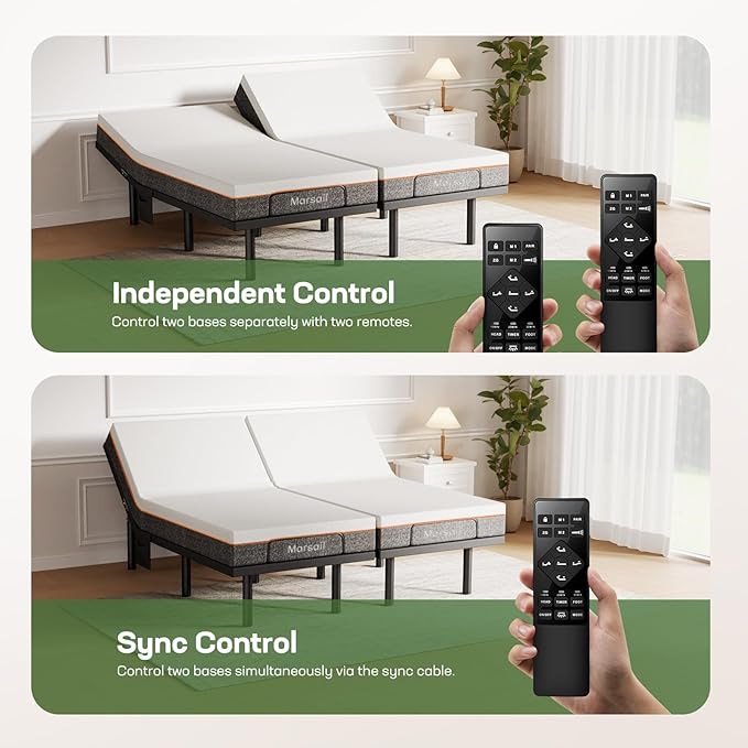 Marsail MS01-1 Split King Adjustable Bed Base with Massage, 4 Ports USB A&C Adjustable Bed Frame with Under-Bed Nightlight, 3 Minutes Assembly, Wireless Control Adjustable Bed with 4 Height Options
