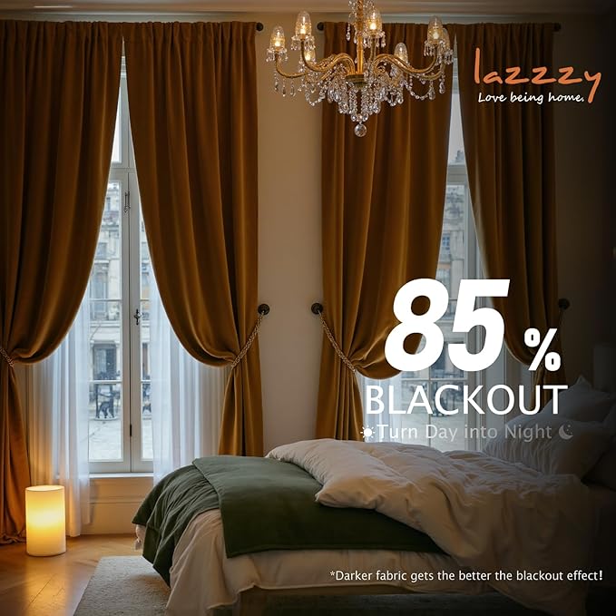 Lazzzy Gold Velvet Curtains Blackout Curtain Thermal Insulated Curtains for Bedroom Living Room Darkening Super Soft Luxury Drapes Sondproof Privacy Set of 2 Panels 52 by 90 Inch Gold Brown