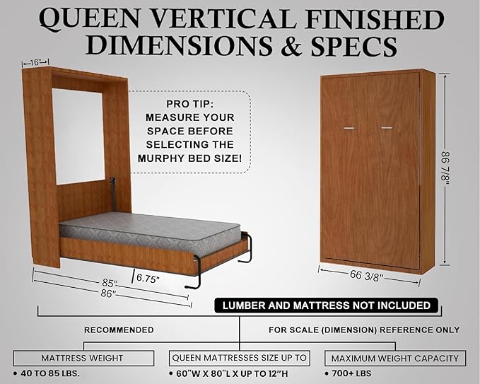Queen Size DIY Murphy Bed Hardware Kit – Vertical Wall Bed for Space-Saving - Budget-Friendly DIY Setup -Made in USA -Hide Away Design with Murphy Bed Queen Hardware - Bed Lift Mechanism - Pull Down