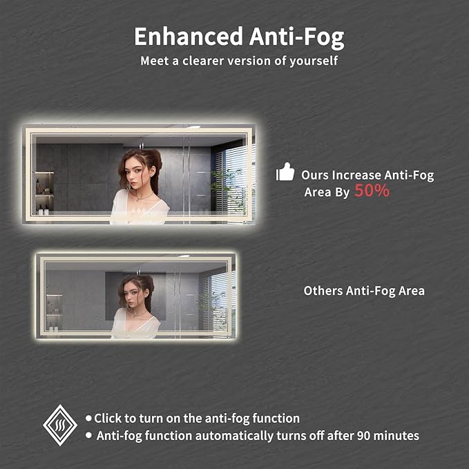 Bathroom Mirrors for Wall, 88x38 Inch Gradient Front and Backlight Big Lighted Mirror, 3 Colors Dimmable CRI>90 Double Lights, IP54 Enhanced Anti-Fog, LED Mirror for Bathroom