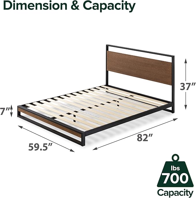 ZINUS Suzanne Bamboo and Metal Platform Bed Frame, 7-Inch Low Profile, Solid Steel Construction, No Box Spring Needed, Wood Slat Support, Easy Assembly, Chestnut Brown, Queen