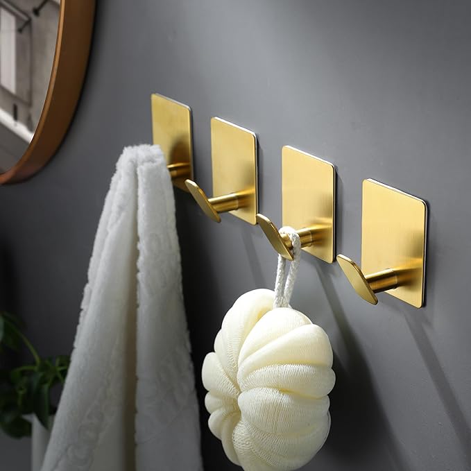 DELITON Gold Towel Hooks- 4 Pack Adhesive Hook for Coat Robe Clothes Stick on Bathroom Wall Brushed Gold Finish Heavy Duty, Stainless Steel