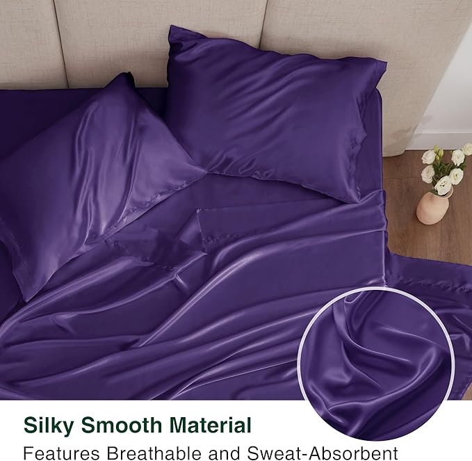 Love's cabin Satin Queen Sheets Set - 4 Piece Purple Silky Bed Sheets Set with Deep Pocket, Luxury Silk Feel Satin Queen Size Sheet Set (1 Flat Sheet,1 Fitted Sheet,2 Pillow Cases)