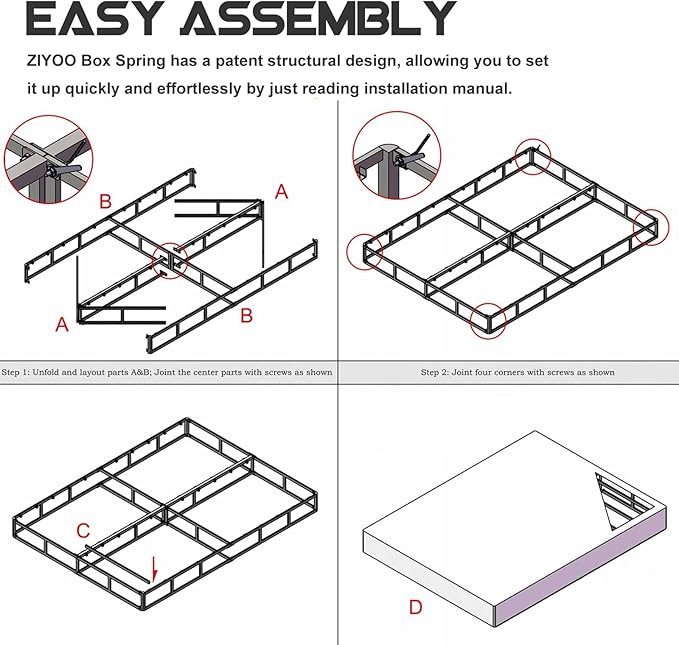 ZIYOO Full Box Spring and Cover 9 Inch High Profile Easy Assembly,Mattress Foundation/Heavy Duty Metal Steel Structure/Quiet Noise-Free Accessory