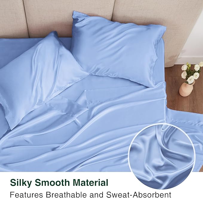 Love's cabin Satin King Sheet Sets - 4 Piece Sky Blue Silky Sheets King Size Bed with Deep Pocket, Luxury Silk Feel King Size Satin Sheet Set (1 Flat Sheet,1 Fitted Sheet,2 Pillow Cases)