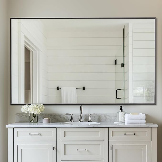 Antok Bathroom Mirror, 60"x36" Wall Mirror, Decorative Mirrors Vanity Mirror Aluminum Alloy Frame Contemporary Rectangular Hanging Mirror for Living Room Bathroom Entryway,Black,Rect Corner