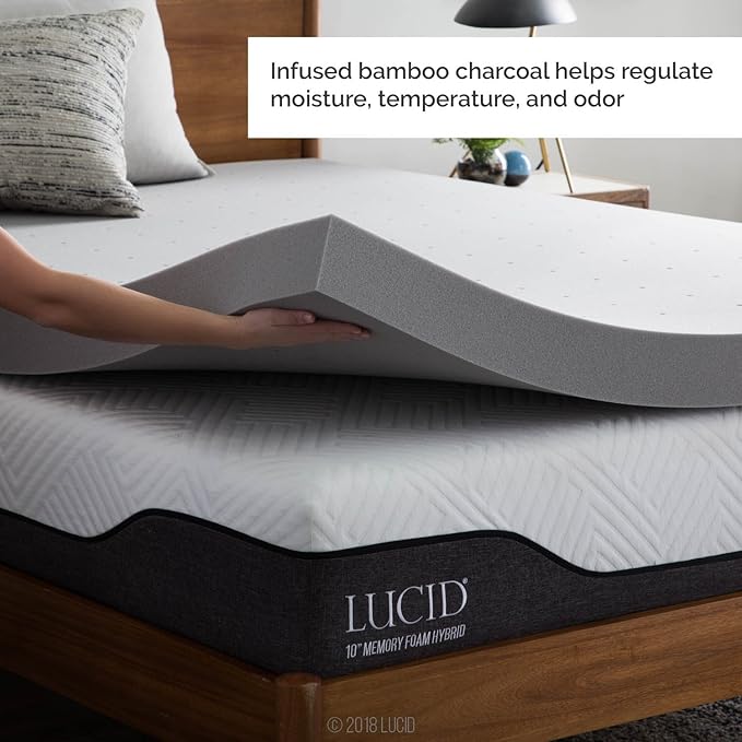 LUCID 4 Inch Bamboo Infused Memory Foam Mattress Topper - Full Size – Cooling Ventilation – Pressure Relieving Bed Topper - Mattress Pad – CertiPur Certified