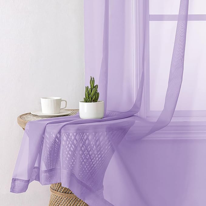 Aiyufeng Light Purple Sheer Curtain Panels Pair Sold 90 Inch Length, Light Filtering Window Curtain Drapes Treatment for Kitchen, Bedroom/Children Room, Voile Top Dual Rod Pocket, 2 Pack of 42 x 90"