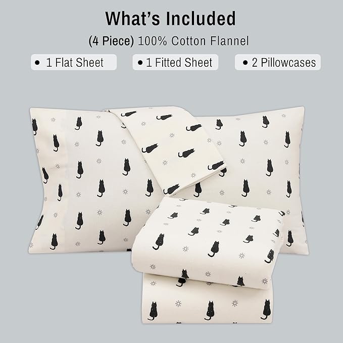 RUVANTI Flannel Sheets Queen Size - 100% Cotton Double Brushed Bed Sheets, Deep Pockets 16 Inches Queen Sheet Set, All Seasons Breathable & Extra Soft - Warm & Cozy, 4 Piece, Black Cat