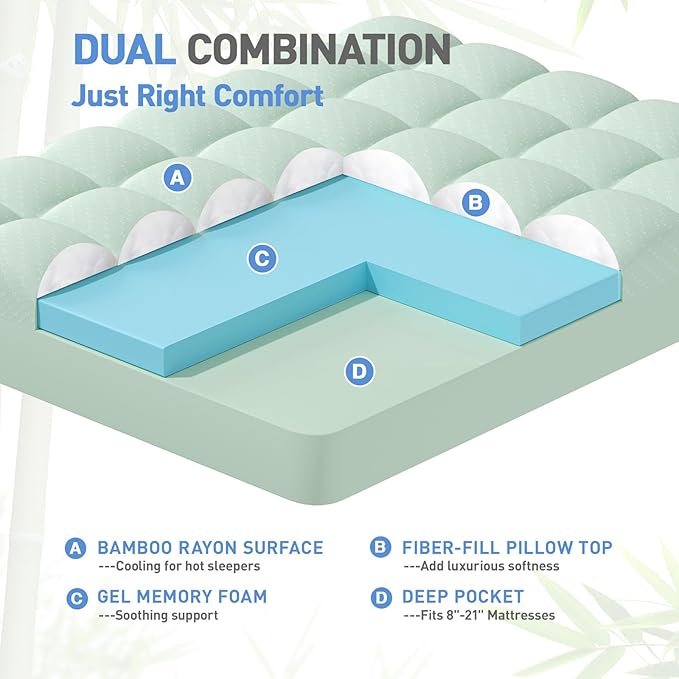 Dual Layer 3 Inch Memory Foam Mattress Topper California King Size, 2 Inch Gel Memory Foam Plus 1 Inch Cooling Pillow Top Mattress Pad Cover, with 8-21 Inch Deep Pocket, Green