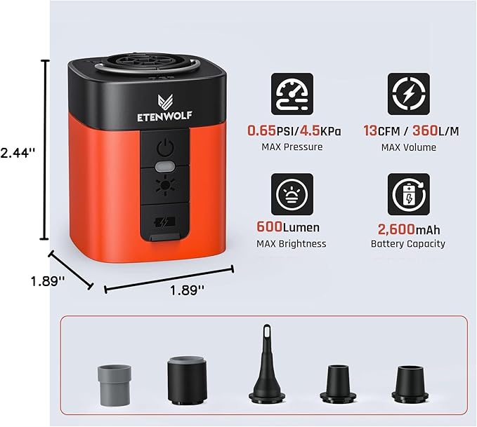 ETENWOLF AIR 3 Air Pump for Inflatables with 2600 mAh Battery & Camping Light, Ultra-Fast and Mini Electric Air Pump, Inflate Deflate for Air Mattress, Pool Floats, Vacuum Storage Bags