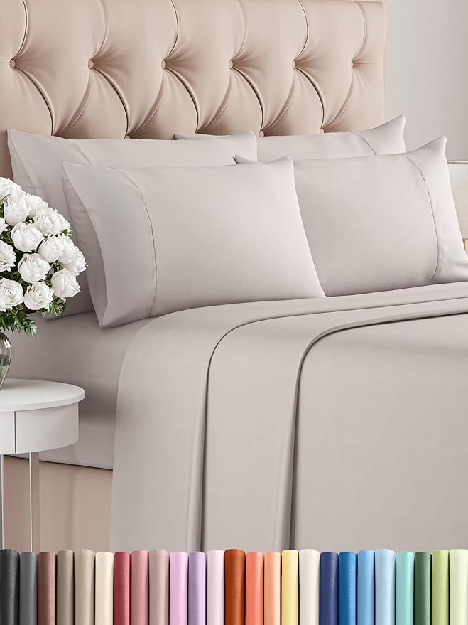 Full 6 Piece Sheet Set - Comfy Breathable & Cooling - Ultra-Soft Hotel Luxury Bedding Set with 8-16 Inch Deep Pockets - 1 Flat & 1 Fitted Sheet & 4 Pillowcases - Wrinkle Free & Easy Care - Light Grey